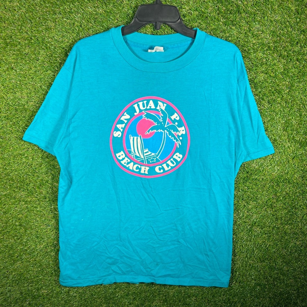 Vintage 80s Hanes San Juan PR Beach Club T Shirt Teal Single Stitch XL